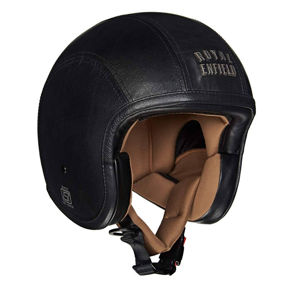 Photo produit d'un casque de moto marron et noir de marque Royal Enfield.